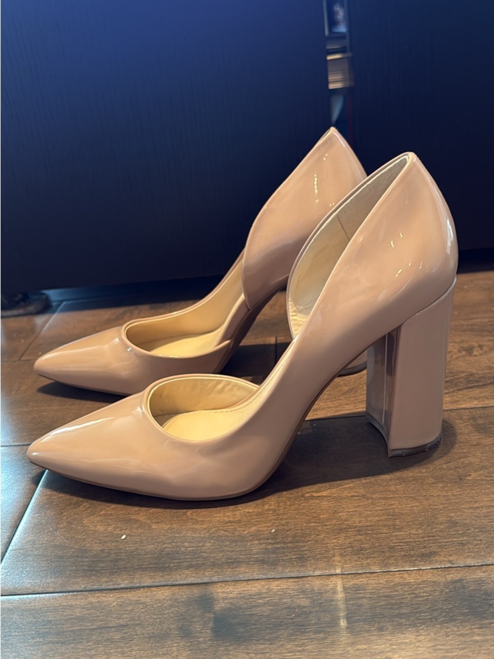 Nine West Nude Patent Pointed-Toe Block Heel Pumps - Women